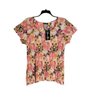 Brittany Black Women’s Blouse Large Pink Floral Crinkle Rhinestone Dressy Top